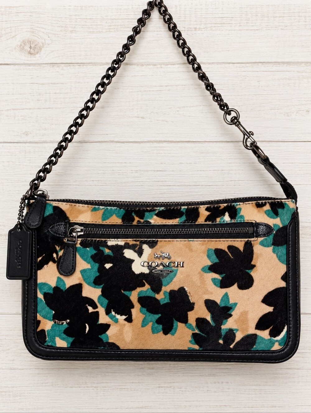 Coach Nolita Floral Calf Hair Shoulder Bag in Tan, Black & Teal